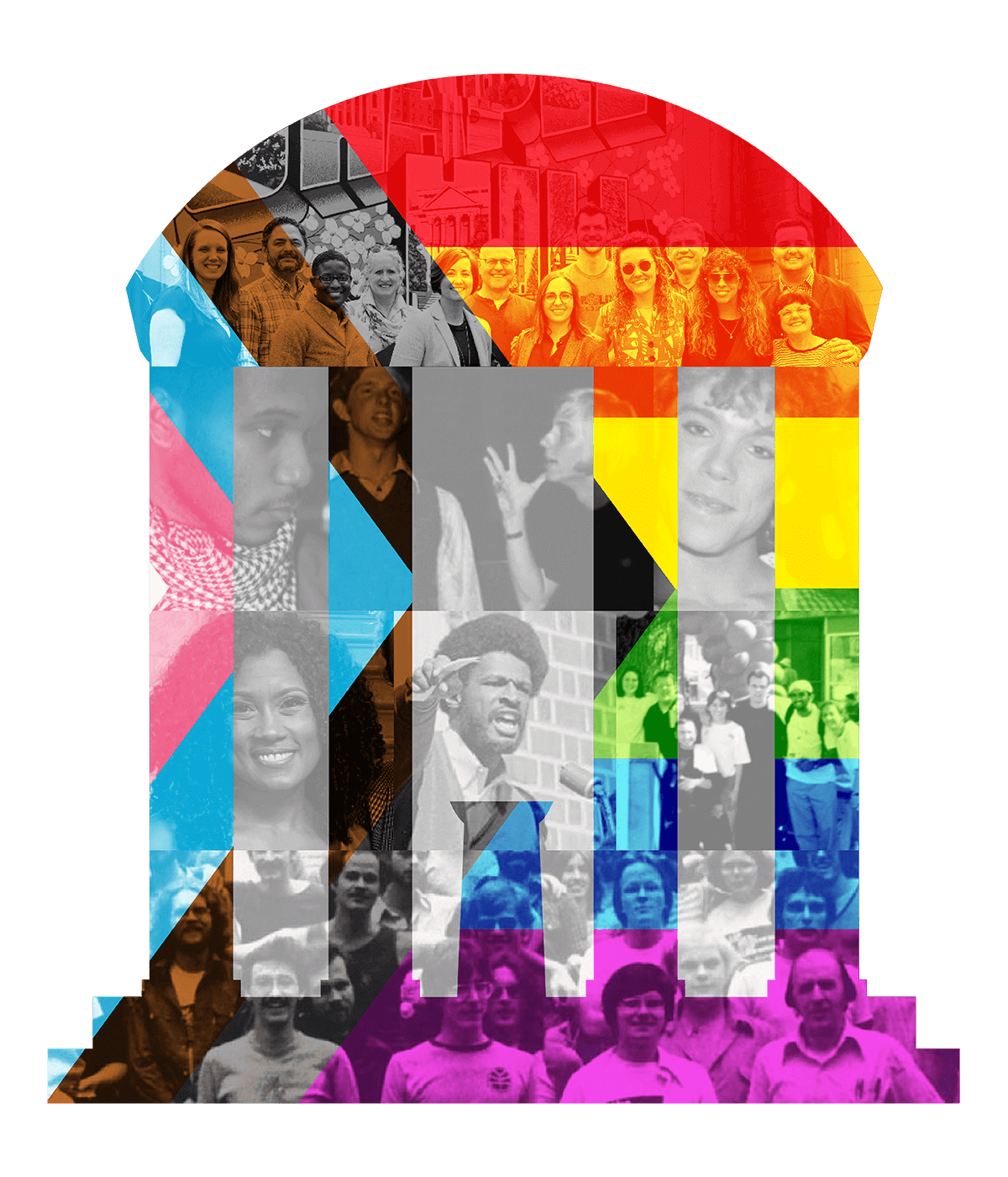 Archival photos of Carolina alumni overlayed on an image of the Old Well with rainbow colors